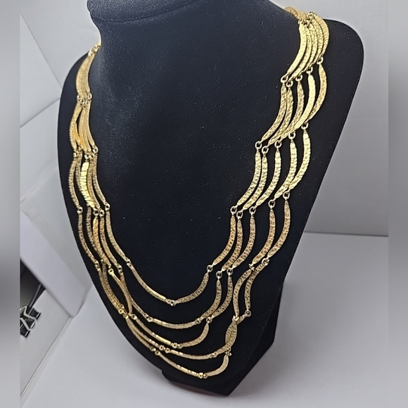 Vintage Gold Tone Five Strand Necklace Graduated Length Mid Century Mod 1960s - Picture 2 of 9